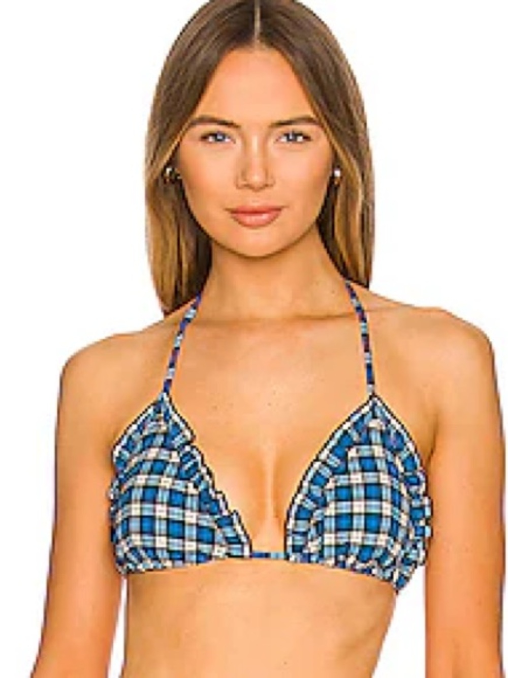 NWT GANNI Recycled Seersucker Frill String Bikini Top in azure blue